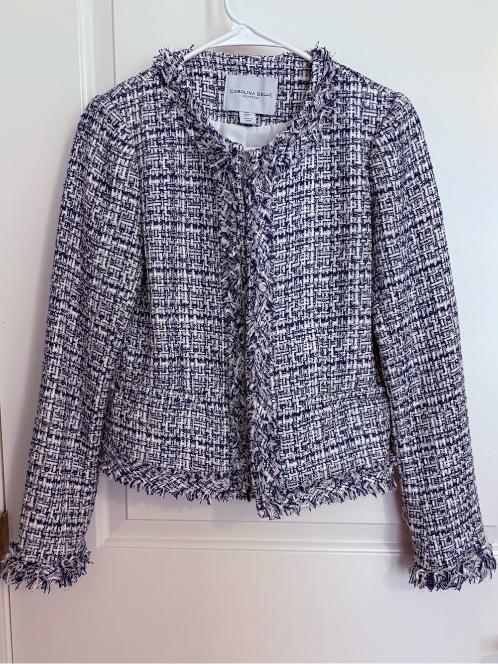 Carolina Belle Navy & White Tweed Fringe-Trim Jacket